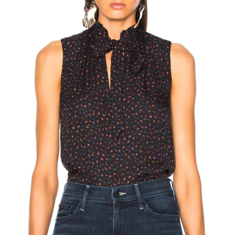 Veronica Beard 'Bertrand' Sleeveless Floral-Print Silk Blouse Top, Black Multi